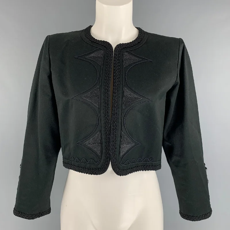 YVES SAINT LAURENT RIVE GAUCHE Size 8 Black Cotton Ribbon Jacket Blazer Herringbone Jacket Houndstooth Jacket Plaid Jacket