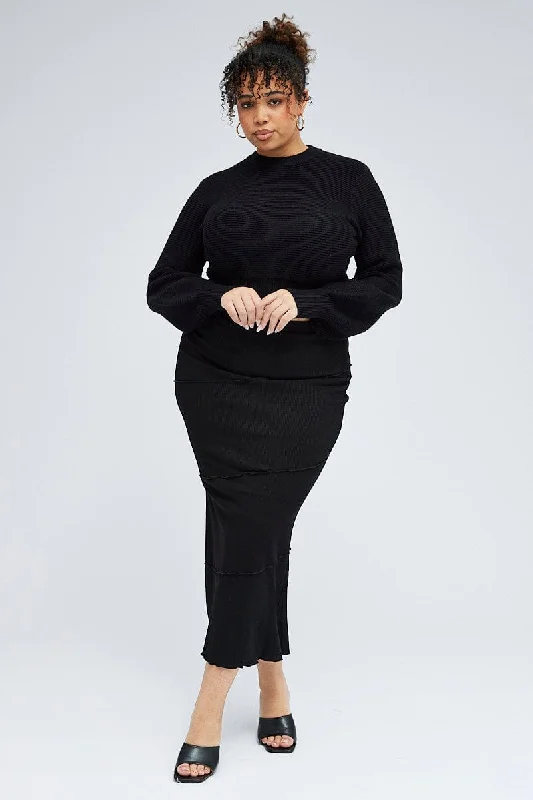Black Maxi Skirt Asymmetrical Rib cashmere skirt rich
