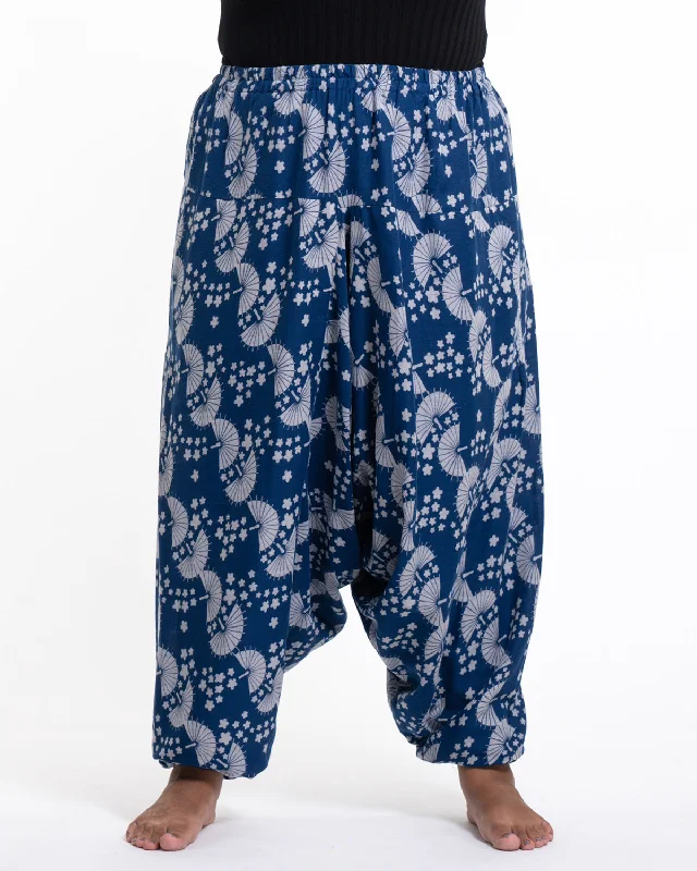 Plus Size Unisex Fan Prints Low Cut Cotton Harem Pants in Indigo Casual Wide Pants