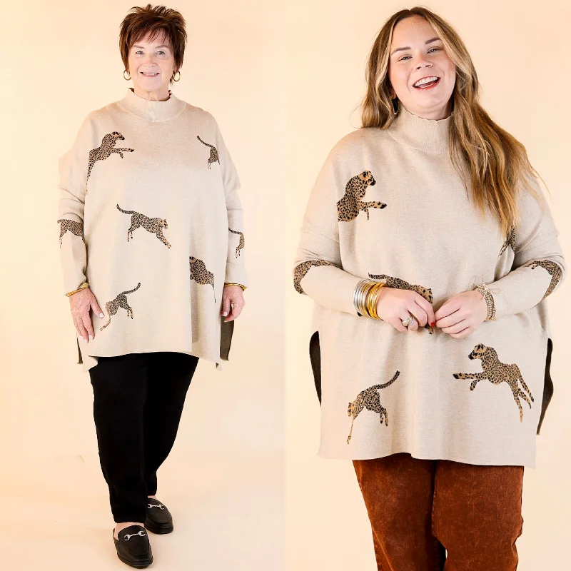 Cheetah Girls Mock Neck Cheetah Print Sweater in Beige Faux Fur Fabric Real Fur Fabric Shearling Fabric