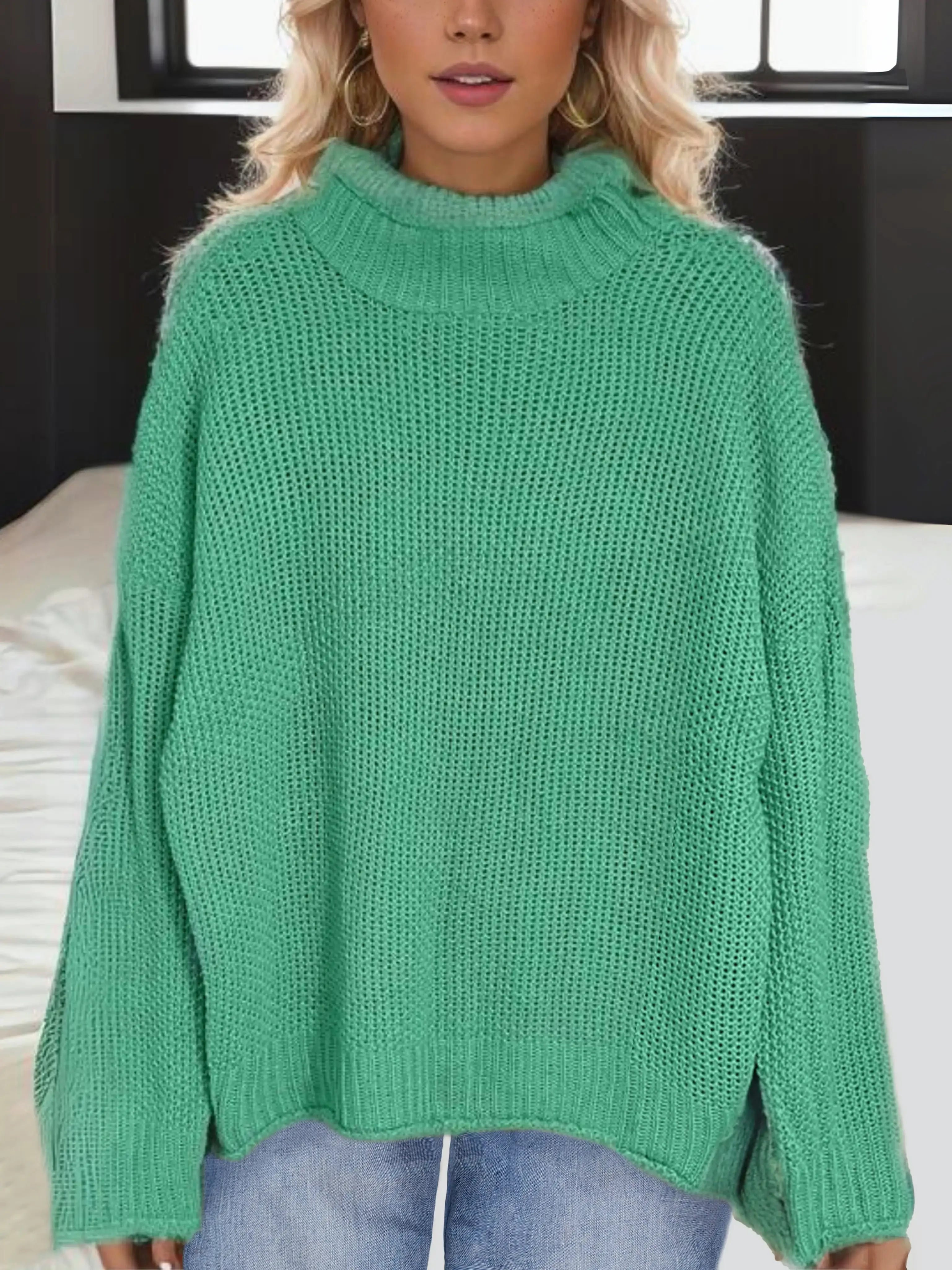 Thick Thread Bat Sleeve Knit Sweater, High Neck Stretchy Elastic Breathable
