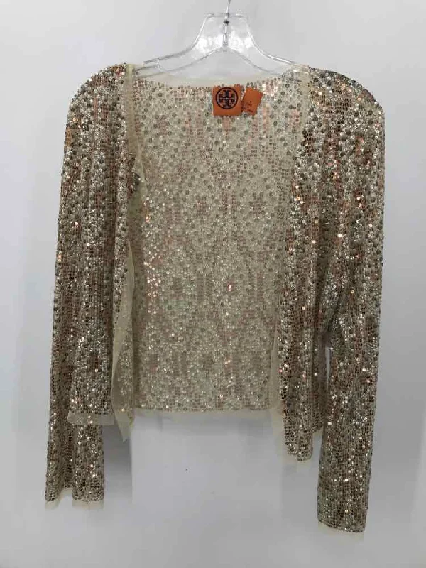 Pre-Owned Tory Burch Gold Size Small Sequin Sweater Satin Blend Silk Blend Wool Blend