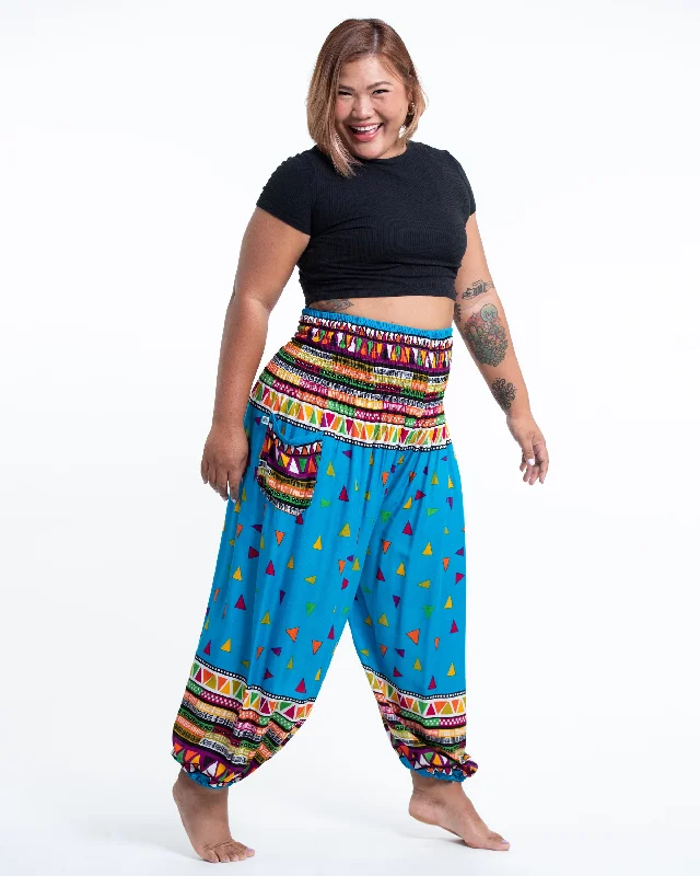 Plus Size Unisex Triangles Harem Pants in Ocean Blue Modern Stretch Trousers