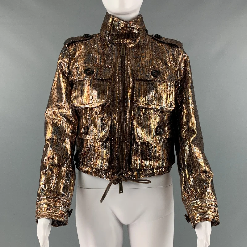 DSQUARED2 Size 6 Gold Silver Polyester Viscose Metallic Jacket Satin Jacket Silk Jacket Chiffon Jacket