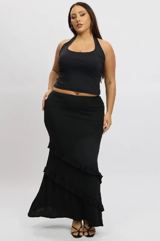 Black Frill Maxi Skirt leather skirt refined