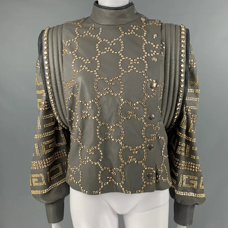 GUCCI FW2018 Runway Size 2 Grey Gold Leather Studded Cropped Jacket Notch Collar Peter Pan Collar Cowl Neck
