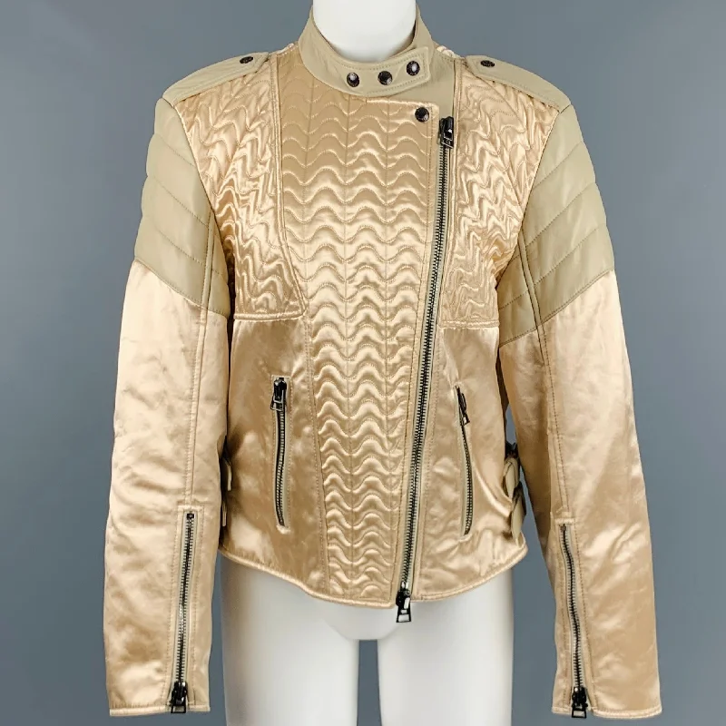 TOM FORD Size 8 Beige Viscose Quilted Biker Jacket Tiered Jacket Buttoned Jacket Zippered Jacket