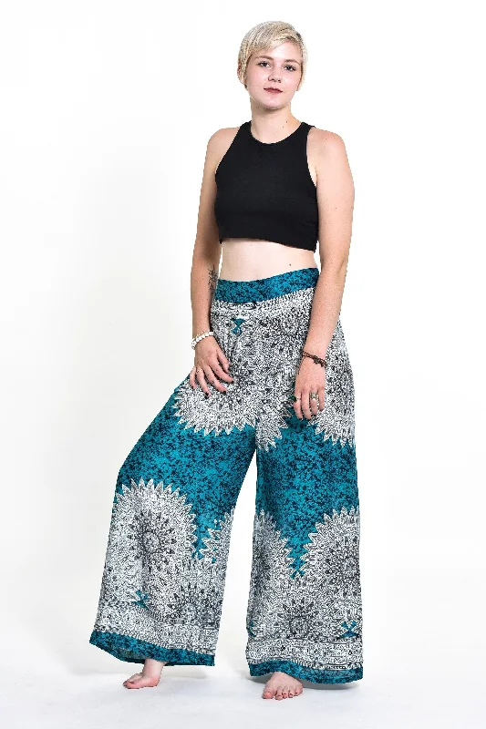 Womens Marble Mandalas Palazzo Pants in Turquoise Comfortable Denim Pants