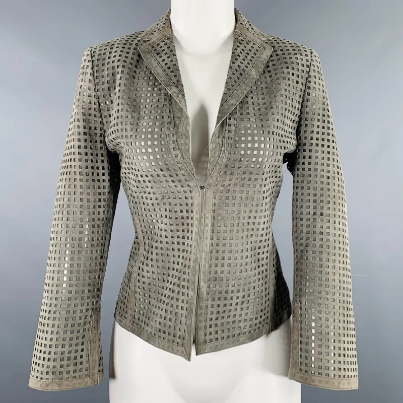 AKRIS Size 8 Grey Perforated Lamb Suede Eye Hook Jacket Blazer Jacket Blazer Coat