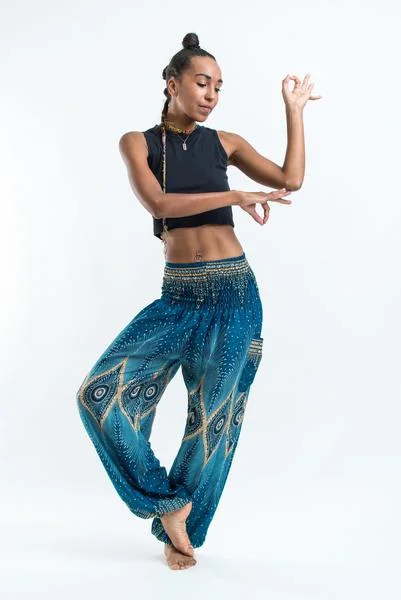 Unisex Diamond Peacock Harem Pants in Turquoise Comfortable Jogger Trousers