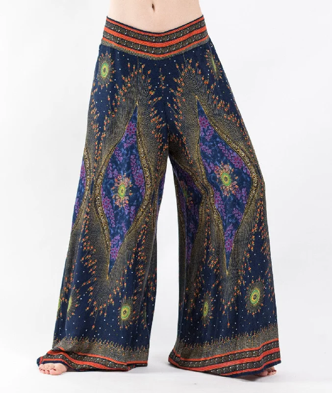 Womens Peacock Eyes Palazzo Pants in Navy Comfortable Wide-Leg Pants