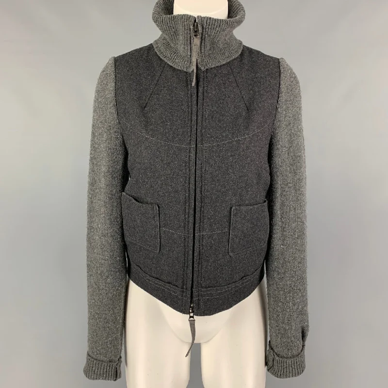 HANII Size 6 Grey Charcoal Wool Rayon Zip Up Jacket Stand-Up Collar Roll-Neck Collar Turtle Neck