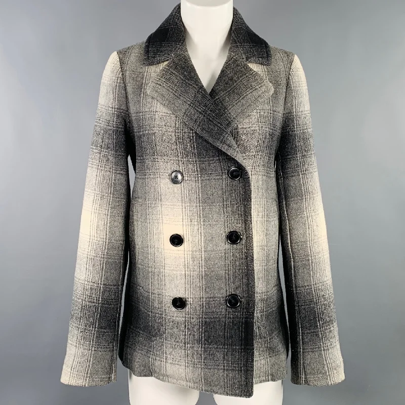 ALEXANDER WANG Size 0 Grey Black White Wool Blend Plaid Jacket Boat Neck Shawl Collar Notched Collar