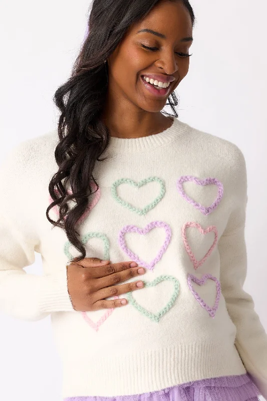 You & Me Ivory Heart Stitch Sweater Fitted Loose Oversized