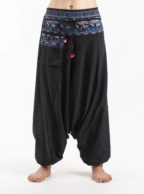 Unisex Pinstripe Harem Pants with Elephant Trim in Black Stretch Fit Pants