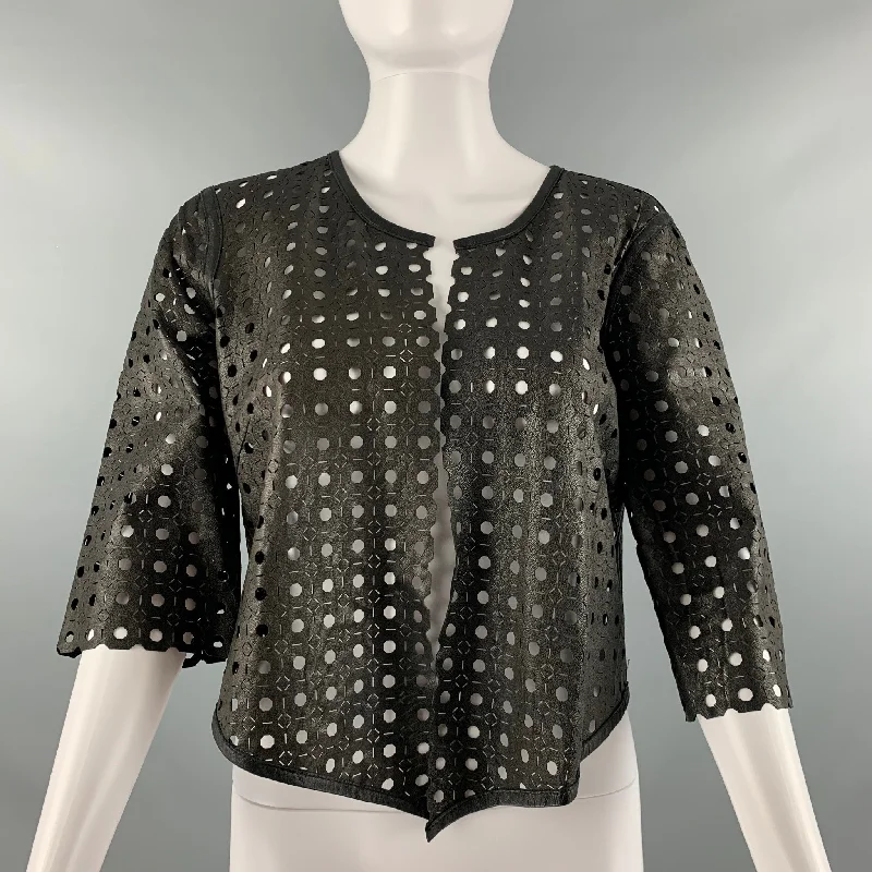 MILLY Size M Black Perforated Lambskin 3/4 Sleeves Jacket Chenille Fabric Brocade Fabric Lace Fabric