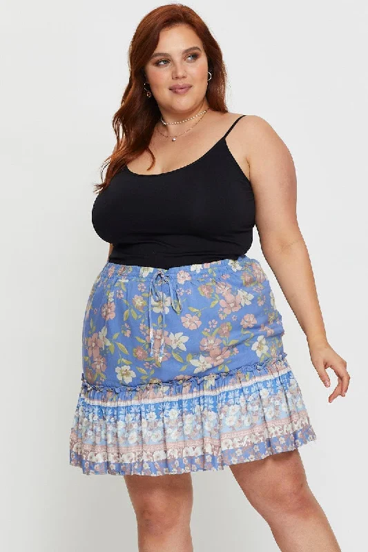 Boho Print Mini Skater Skirt Elastic Waist lace skirt intricate