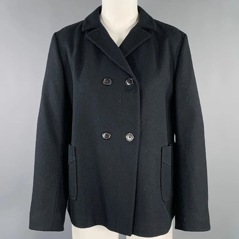 JIL SANDER Size 6 Black Virgin Wool Double Breasted Jacket V-Neck Jacket Boat Neck Jacket Square Neck Jacket