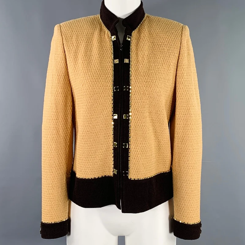 ST. JOHN Size 6 Tan Brown Knit Two Tone Zip Up Jacket Blazer Cardigan Sweater Pullover ST. JOHN Size 6 Tan Brown Knit Two Tone Zip Up Jacket Blazer Cardigan Sweater Pullover