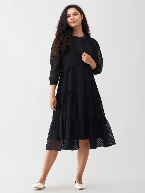 Black Crepe Chiffon Swiss Dot Boat Neck Tunic Top with Jacket Wool Jacket Cashmere Jacket Tweed Jacket