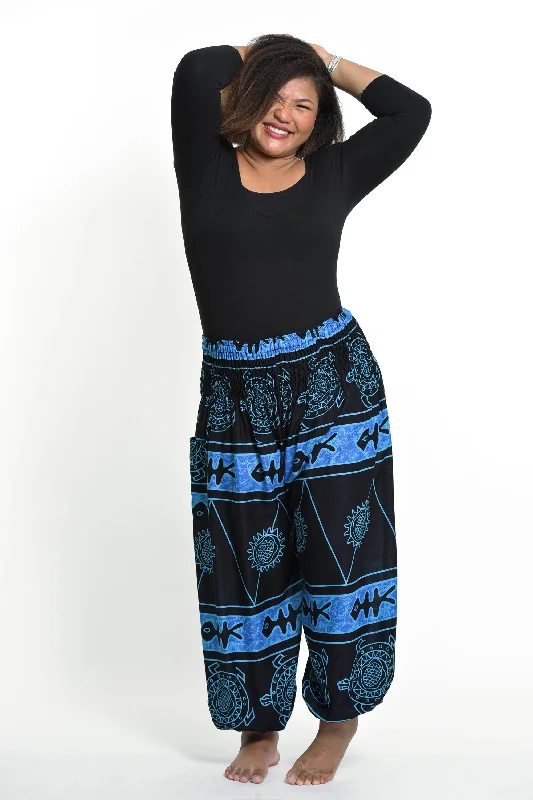 Plus Size Unisex Turtle Print Harem Pants in Blue Cozy Maternity Pants