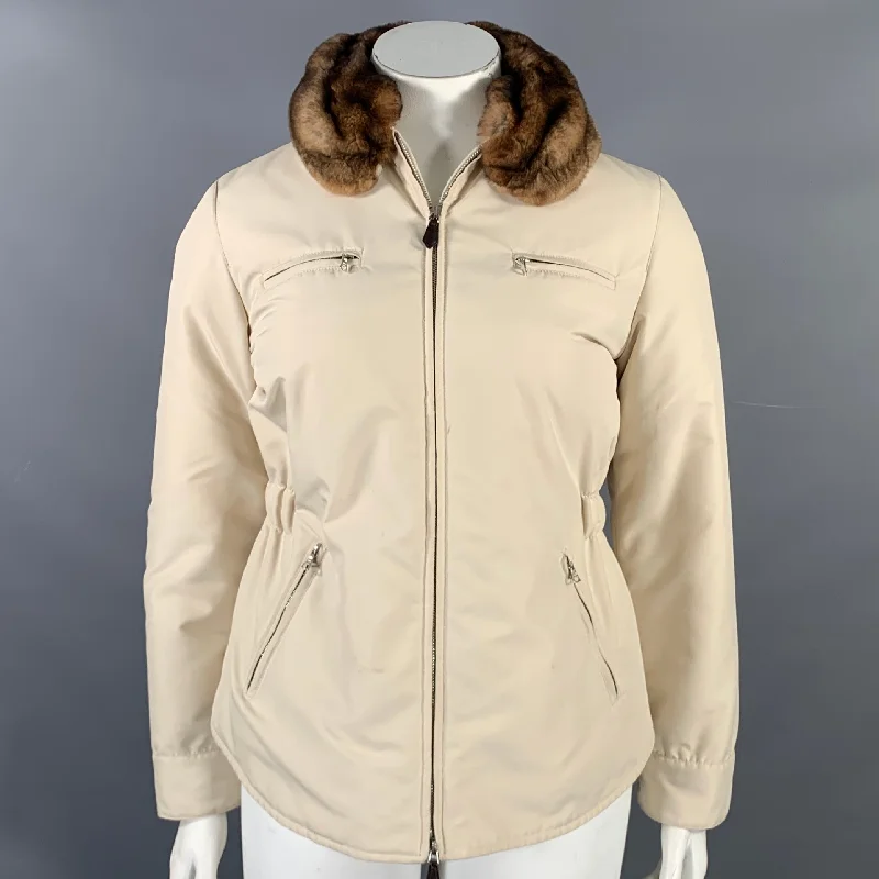 AGNONA Size 10 Cream Polyester Removable Fur Collar Zip Up Jacket Rayon Jacket Velvet Jacket Corduroy Jacket