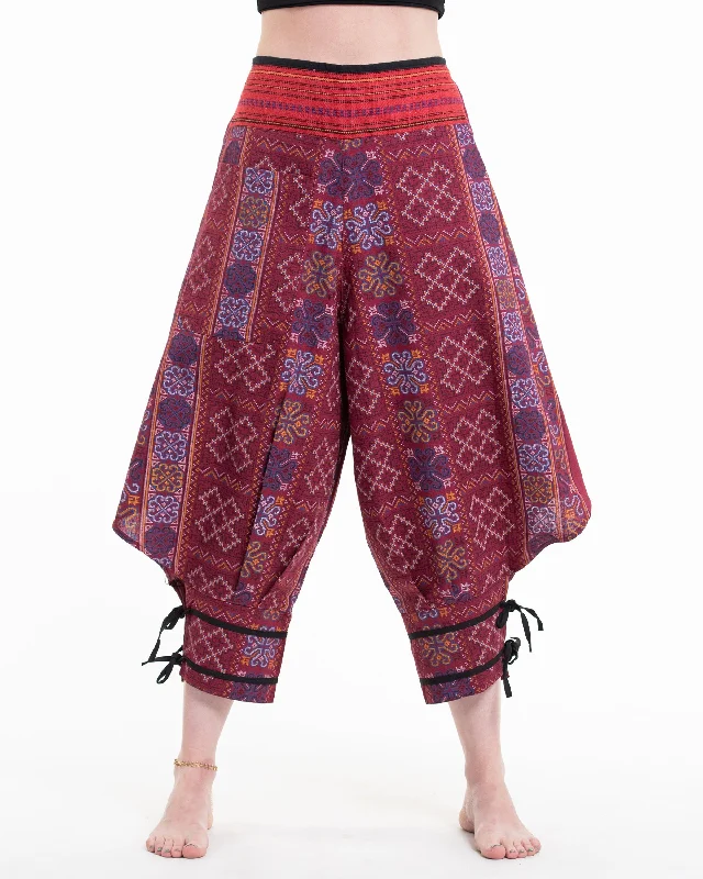 Clovers Thai Hill Tribe Fabric Harem Pants with Ankle Straps in Maroon Trendy Tapered Pants Clovers Thai Hill Tribe Fabric Harem Pants with Ankle Straps in Maroon Trendy Tapered Pants