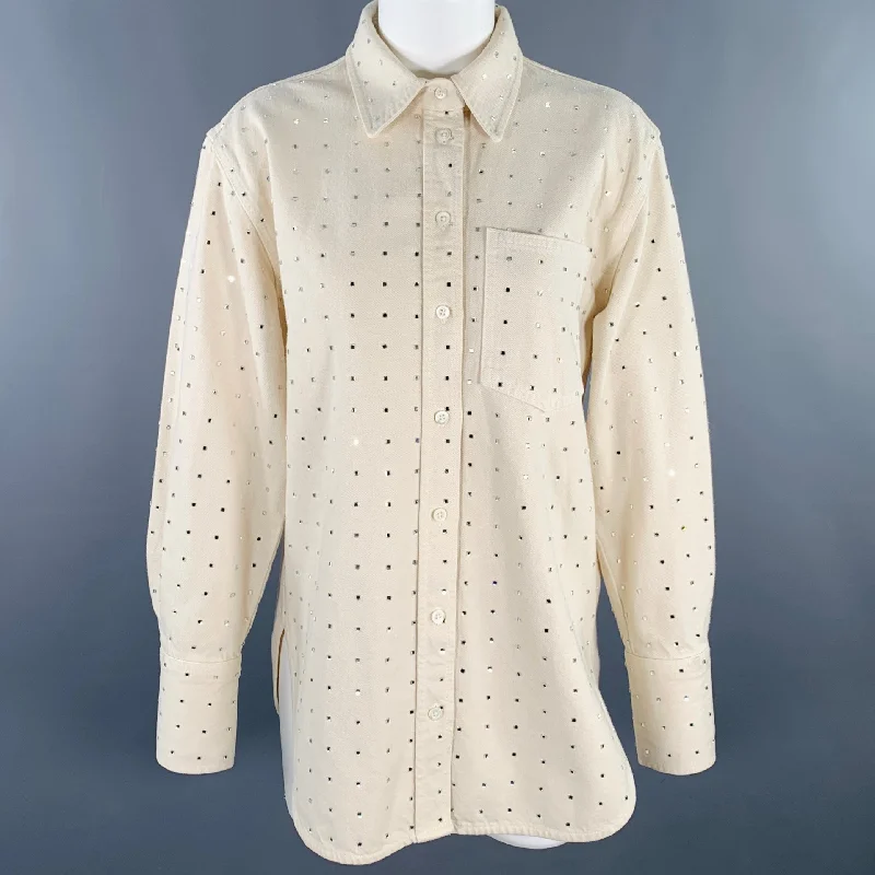 FRAME Size XS Beige Silver Cotton Studded Shirt Jacket Blazer Herringbone Jacket Checkered Jacket Solid Jacket
