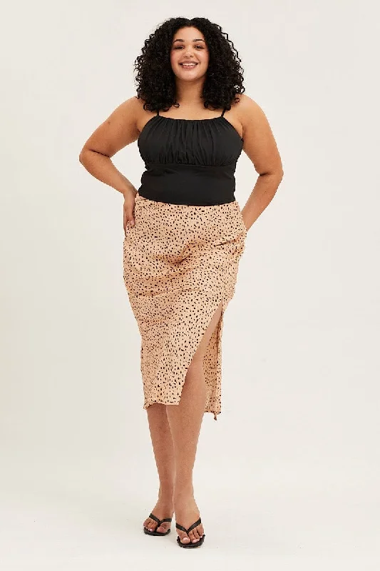 Animal Print Satin Slit Midi Skirt ribbed skirt waist