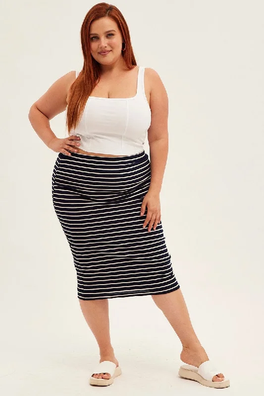 Blue Stripe Midi Skirt High Waist ribbed skirt waist