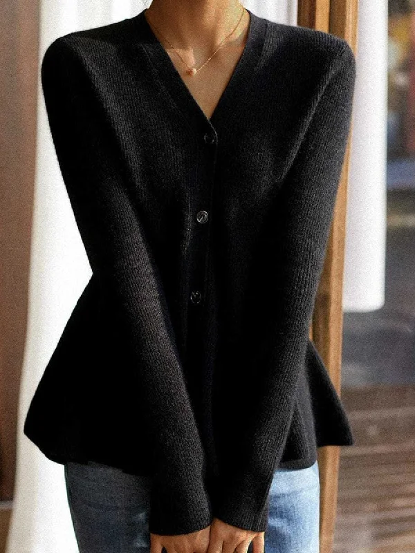 Autumn Winter V-Neck Knitted Sweater with Peplum Knit Fabric Woven Fabric Fleece Fabric