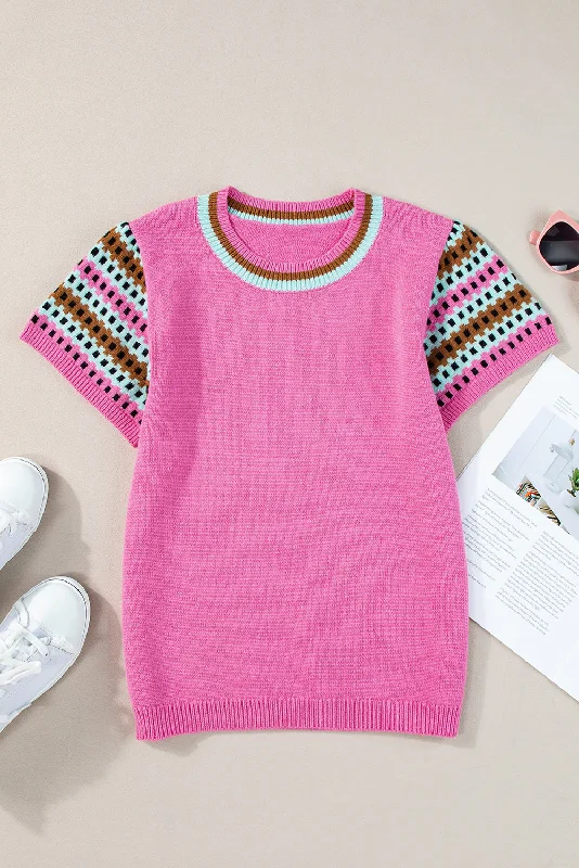 Bright Pink Contrast Printed Cap Sleeves Crewneck Sweater Satin Fabric Silk Fabric Chiffon Fabric