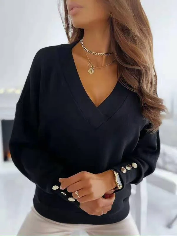 Autumn Winter V-Neck Buttoned Knit Sweater Welt Pockets Slit Pockets Flap Pockets