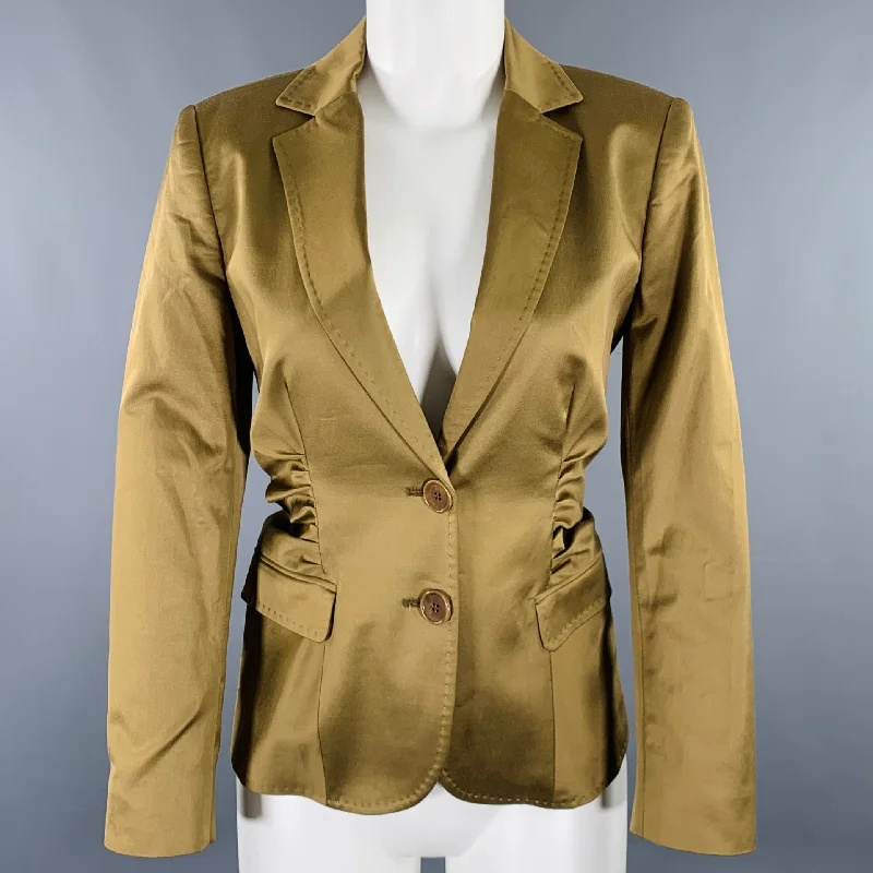 ETRO Size 8 Olive Cotton Blend Ruched Single Breasted Jacket Blazer Front Pockets Side Pockets Patch Pockets