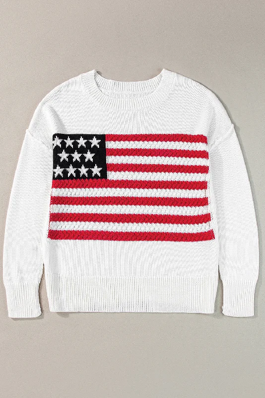 American Flag Cable Knit Drop Shoulder Sweater Ribbed Striped Patterned