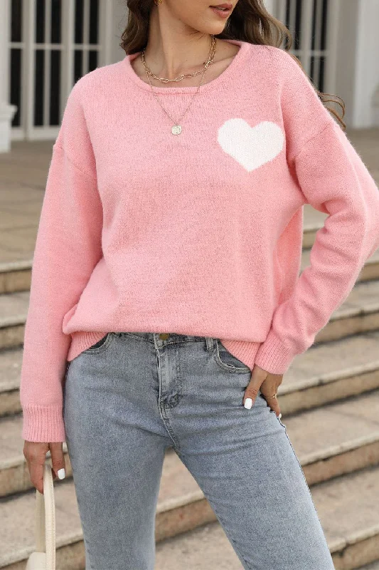 Pink Knitted Sweater With Heart Pattern Polka Dot Checkered Tartan
