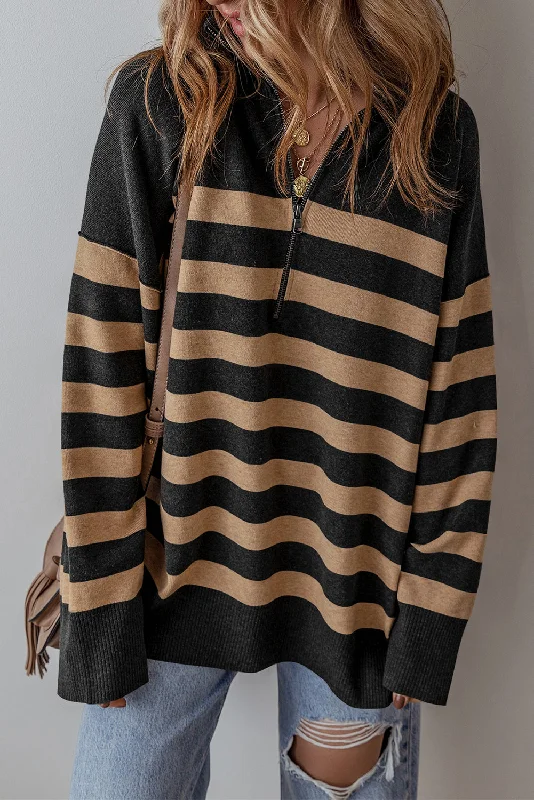 Stripe Collared Quarter Zipper Oversized Sweater Embroidered Appliqued Beaded