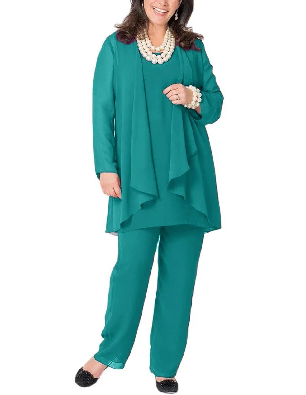 3PCS Chiffon Mother of The Bride Pant suits Long Sleeve Jacket Print Jacket Jacquard Jacket Patchwork Jacket