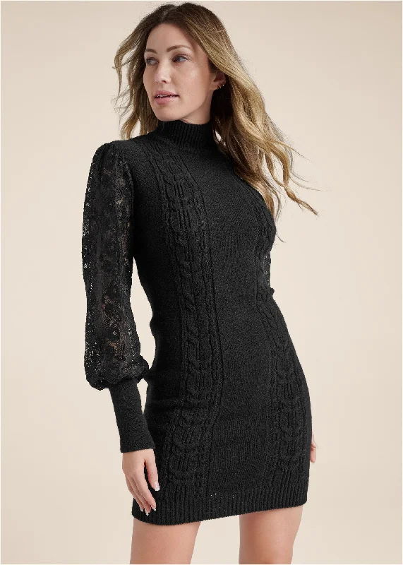Lace Sleeve Sweater Dress - Black Solid Color Striped Floral Print