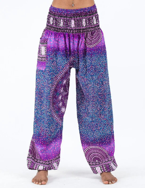 Unisex Tribal Chakras Harem Pants in Purple Chic Black Leggings