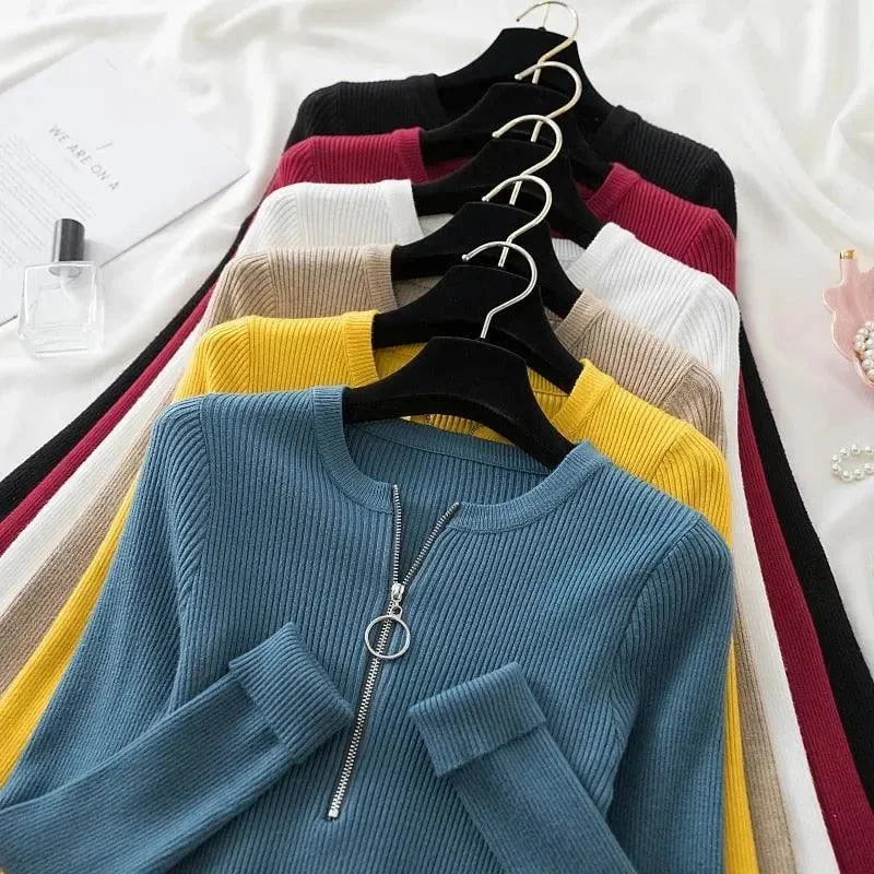 Zipper Mock Neck Sweater Satin Blend Silk Blend Wool Blend