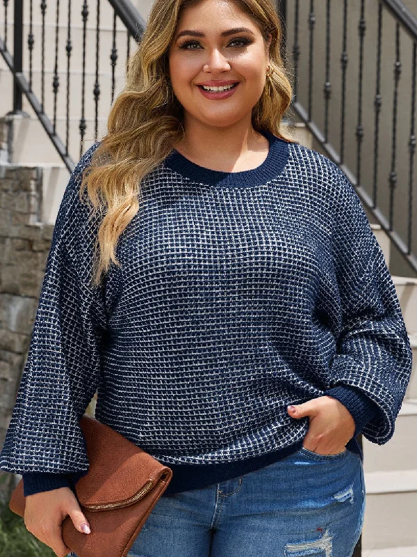Blue Heathered Knit Plus Size Drop Shoulder Sweater Print Jacquard Patchwork