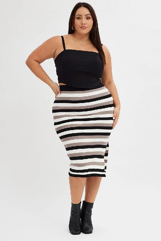 Multi Stripe Knit Skirt Midi Side Split denim skirt stylish