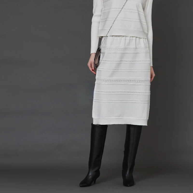 DiDi Guranjie Geometric Striped Knit Skirt (Off-White) wool skirt warm