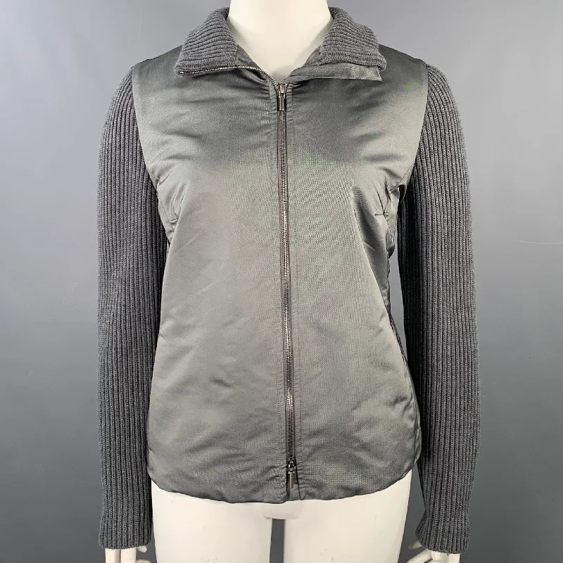 AKRIS Size 14 Grey Polyester Blend Knit Double Zipper Jacket Ribbed Jacket Pleated Jacket Ruffled Jacket