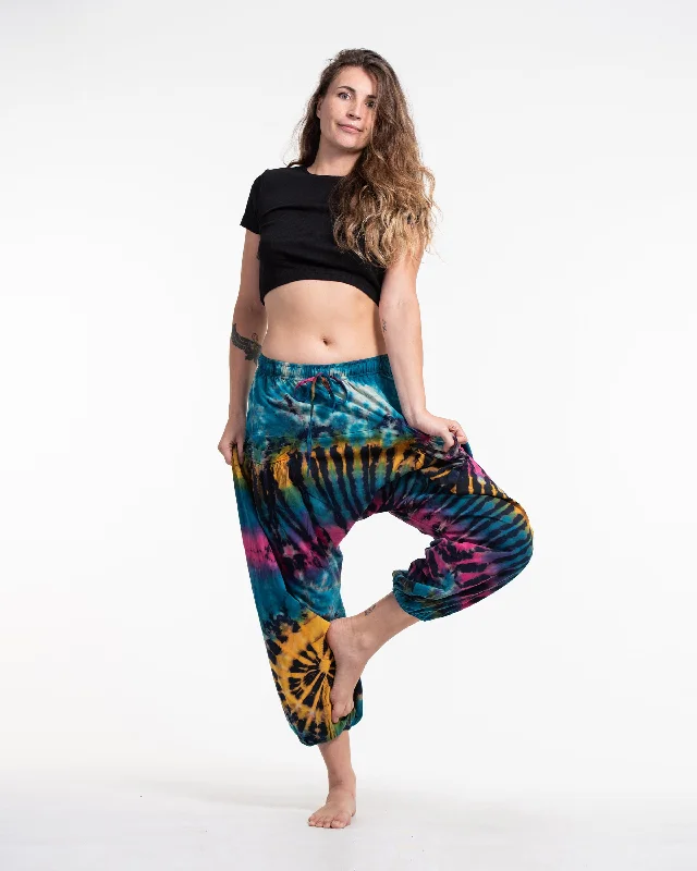 Unisex Tie Dye Cotton Harem Pants in Blue Yellow Soft Stretch Leggings