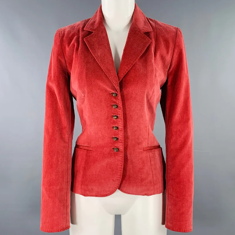 ELIE TAHARI Size 8 Red Cotton Blend Notch Lapel Jacket Blazer Herringbone Jacket Houndstooth Jacket Plaid Jacket