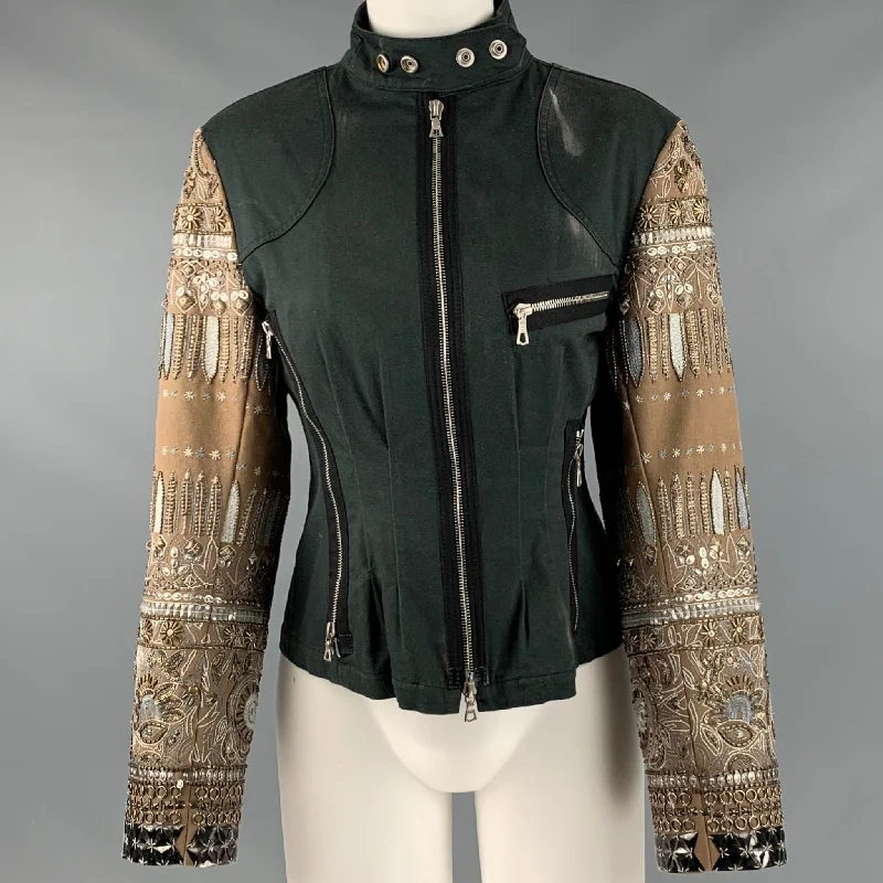 DRIES VAN NOTEN Size 6 Beige Green Cotton Elastane Beaded Jacket Welt Pockets Slit Pockets Flap Pockets