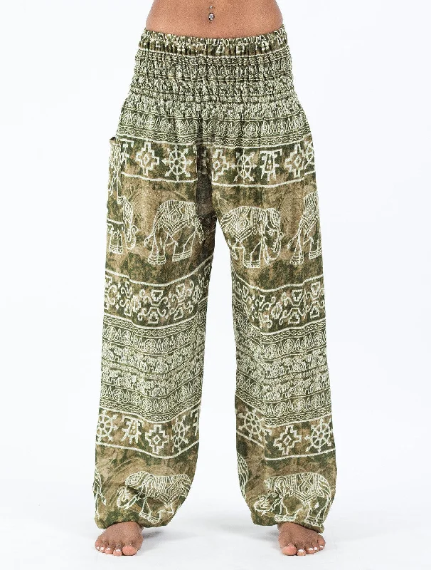 Unisex Marble Elephants Harem Pants in Olive Classic Bootcut Trousers