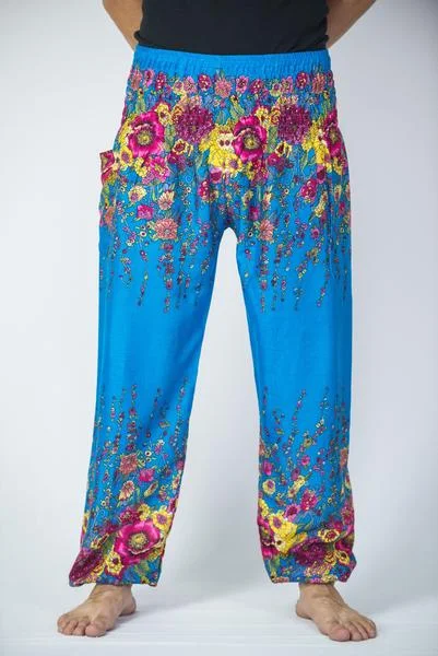 Unisex Floral Harem Pants in Ocean Blue Elegant Palazzo Trousers